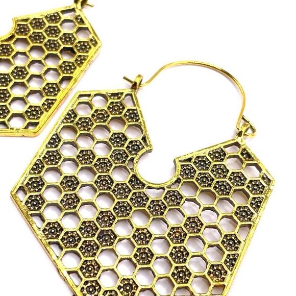 Yellow Gold Boho Style Hexagon Honeycomb Dangling Hinged Hook Earrings - Picture 4 of 6